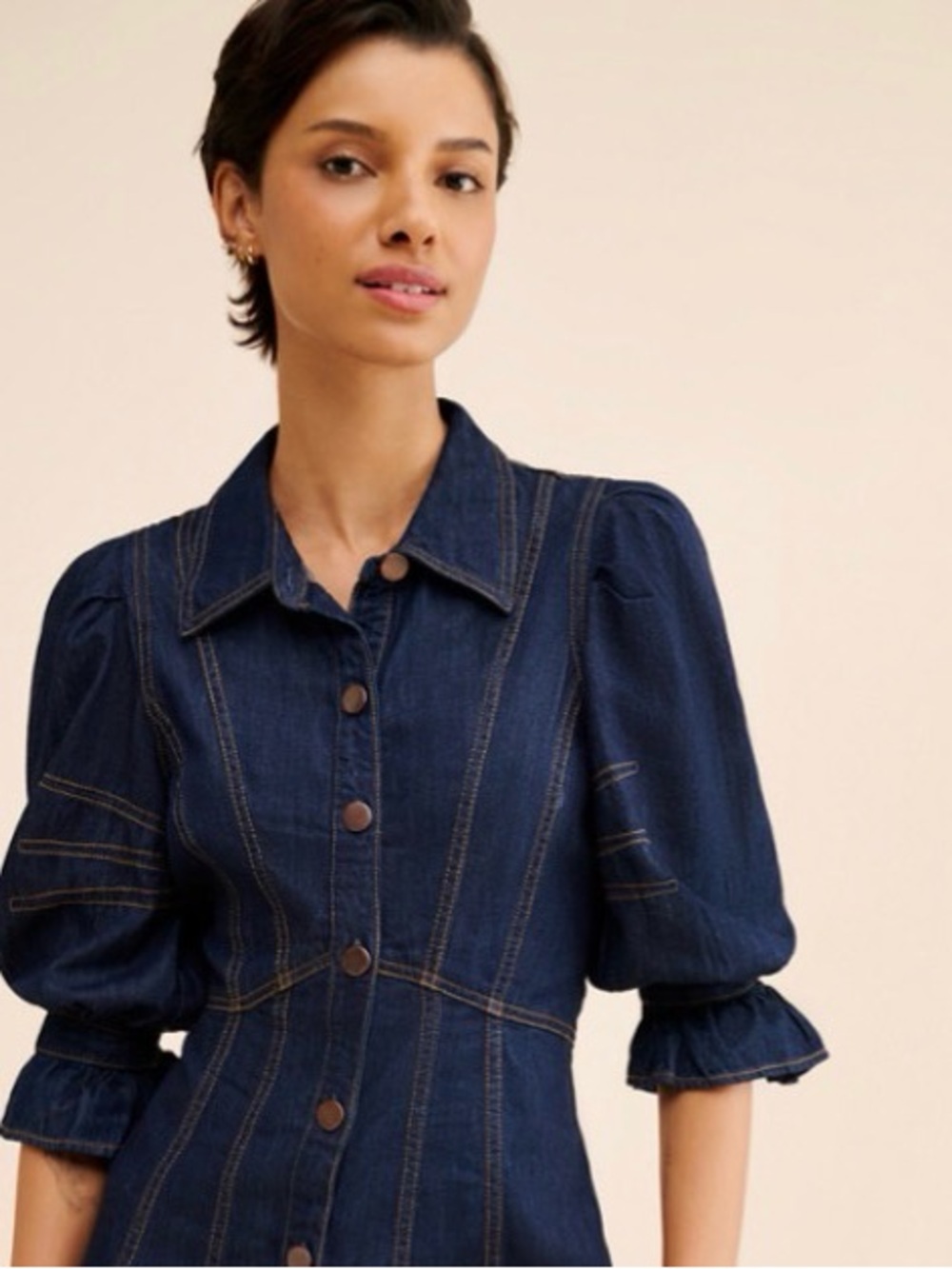 Anthropology Denim Button-Front Blouse with Puff Sleeves Women’s size M